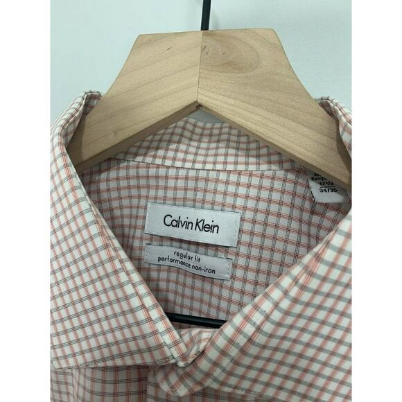 Men’s Calvin Klein Orange & Black Plaid Dress Shirt 17.5 34/35 - Picture 2 of 7